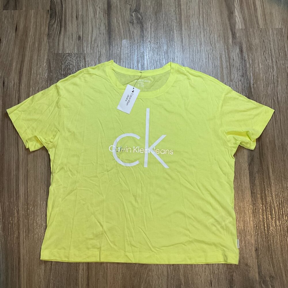 New Calvin Klein Jeans Crop Top T-shirt Size‎ XL Yellow White NWT